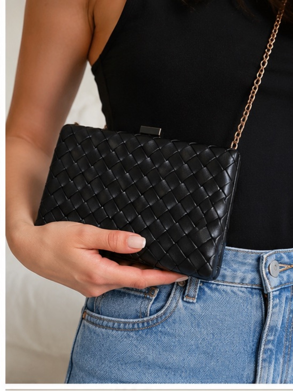 Ann Taylor Black Woven Faux Leather Chain Clutch Crossbody Purse